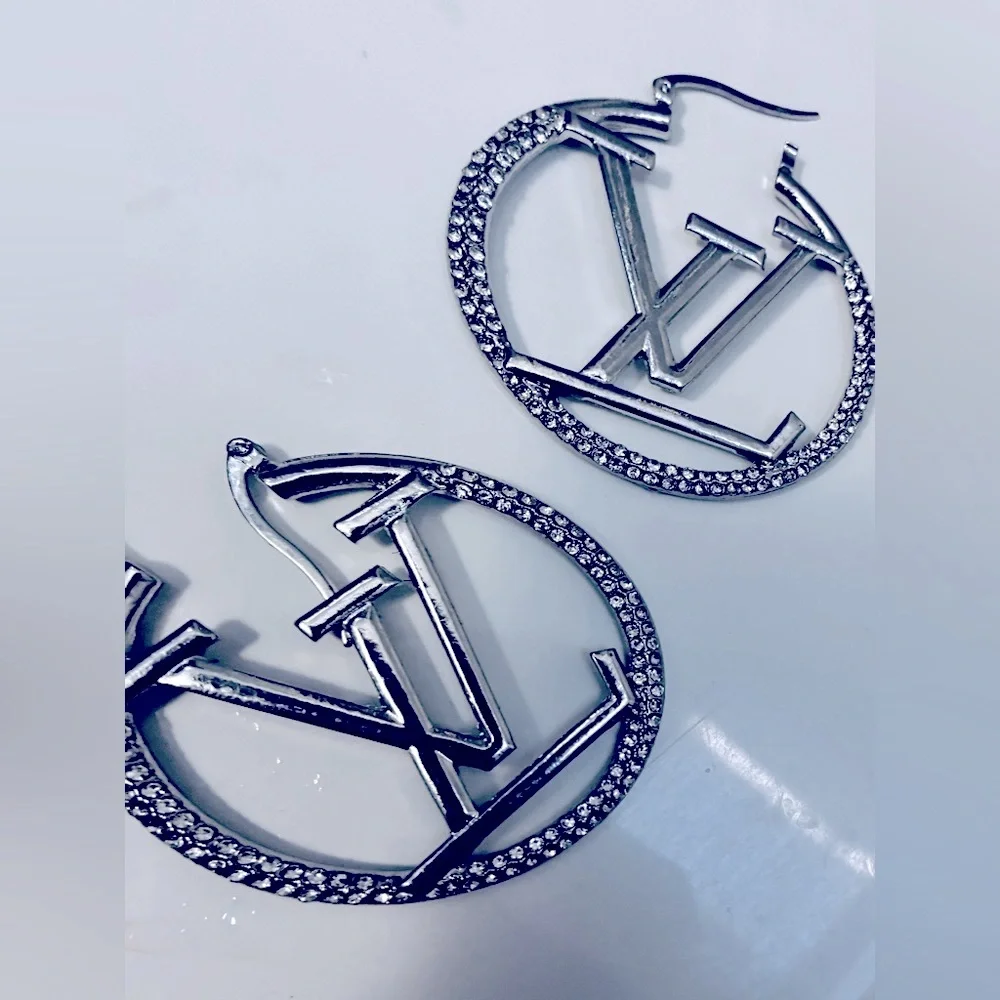Silver 3cm LV Hoop Earrings - Picture 1 of 3